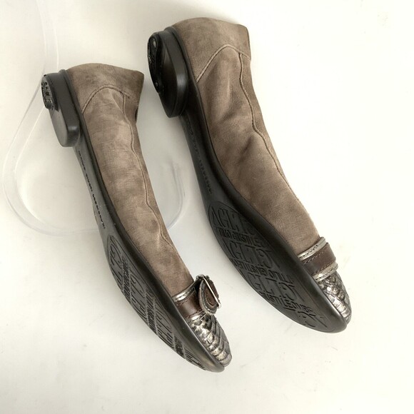 AGL Ballet Flats Size 37 Taupe Pewter Snake Cap-toe Buckle Front Shoe - Picture 5 of 12